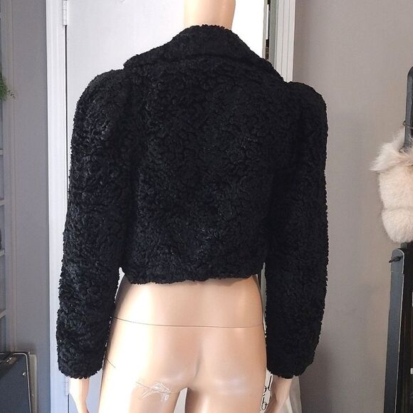Women's Faux Black Lamb Fur, Broad Shoulder Cropped Winter Coat -Size Small? - Picture 2 of 14